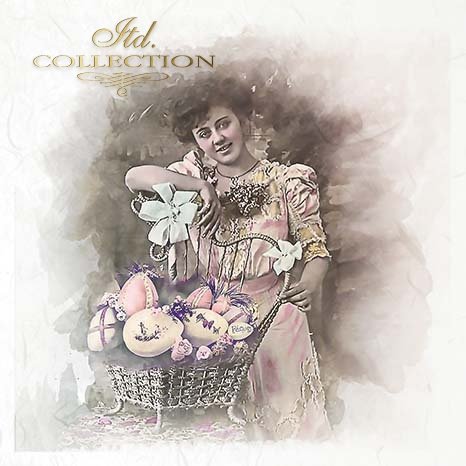 Vintage-style image of a woman with a decorative basket and flowers and decorative eggs
