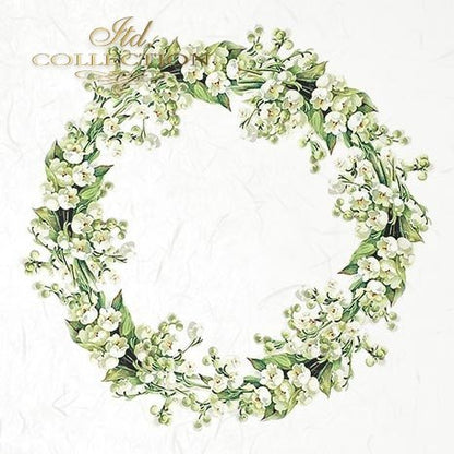 Floral wreath with green leaves and white flowers on a white background