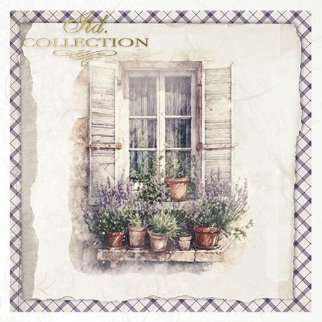 Decorative image of a window with plants on a checkered border.