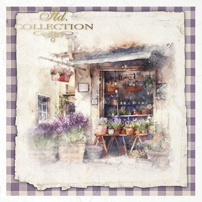 Vintage-style image of a quaint store front with plants and a checkered border.