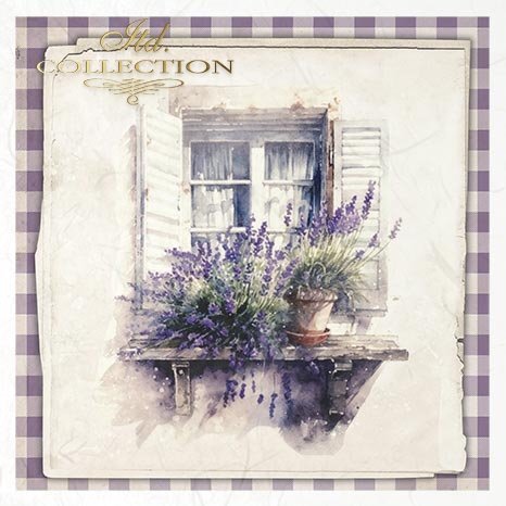 Decorative image of a window with lavender and a checkered border