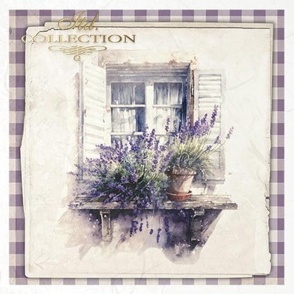 Decorative image of a window with lavender and a checkered border