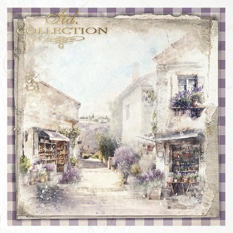 Vintage-style street scene with shops and flowers, framed by a checkered border.