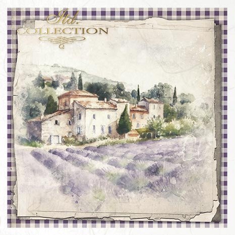 Vintage-style painting of a village with lavender fields on a textured background.