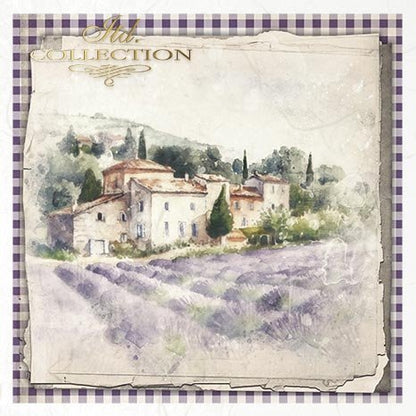 Vintage-style painting of a village with lavender fields on a textured background.