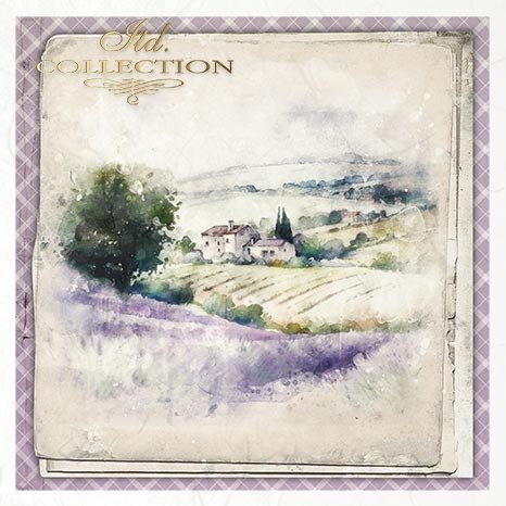 Vintage-style card with a lavender field and farmhouse