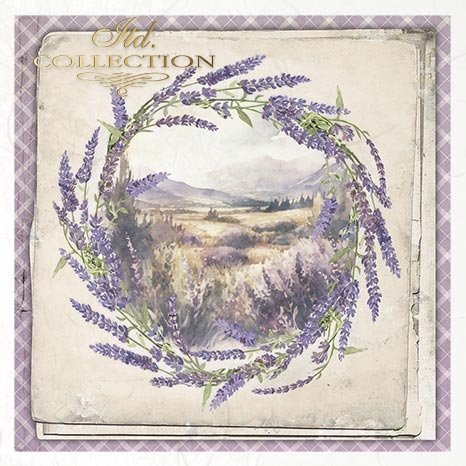 Decorative paper with lavender wreath and scenic background