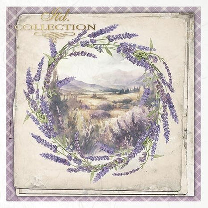 Decorative paper with lavender wreath and scenic background
