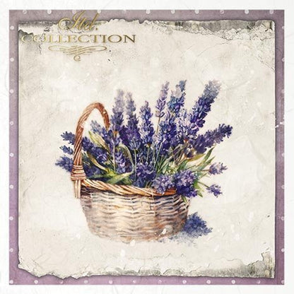 Decorative image of a basket with lavender flowers on a textured background.