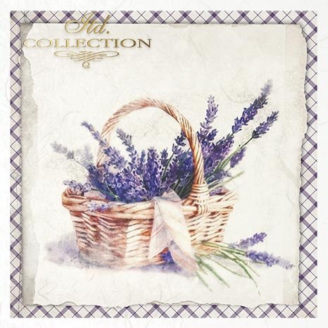Decorative paper with a basket of lavender on a checkered border.