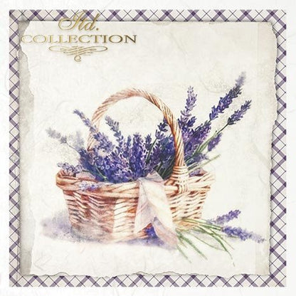 Decorative paper with a basket of lavender on a checkered border.