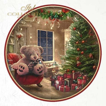 Decorative plate with a Christmas scene featuring a teddy bear, Christmas tree, and presents.