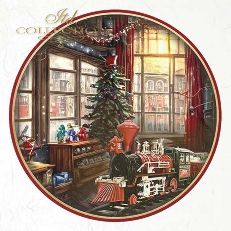 Decorative Christmas scene with a train, tree, and gift boxes in a circular frame.