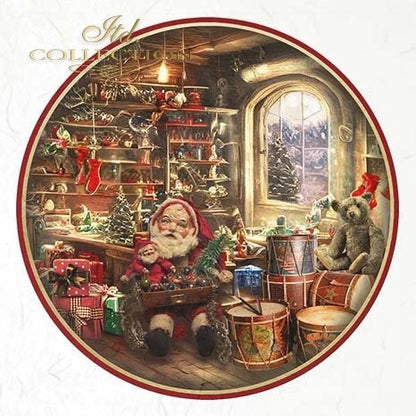 Decorative plate with a Christmas scene featuring Santa Claus and a bear in a workshop.