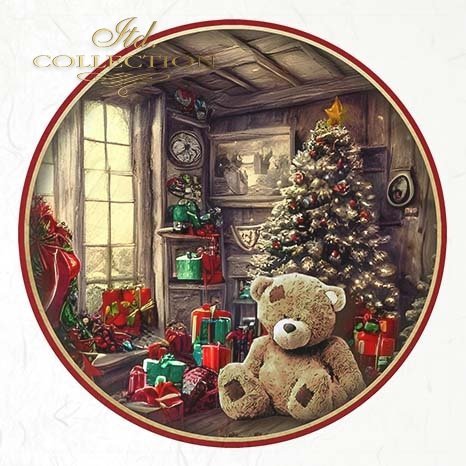 Decorative plate with a Christmas scene featuring a teddy bear, tree, and presents.