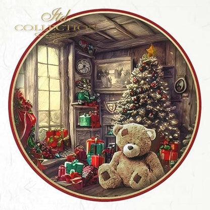Decorative plate with a Christmas scene featuring a teddy bear, tree, and presents.
