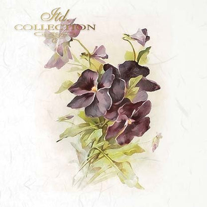 Decorative card with purple flowers and green leaves on a light background