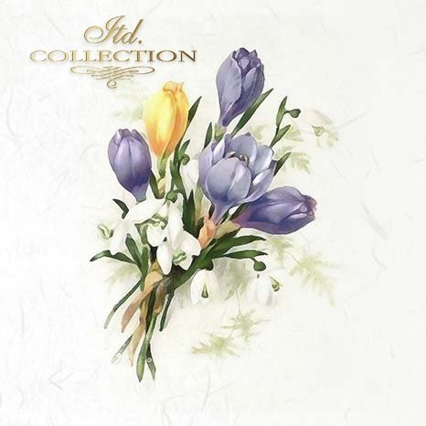 Floral arrangement with purple and yellow flowers on a light background