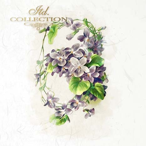 Decorative arrangement of purple flowers with green leaves on a light background,