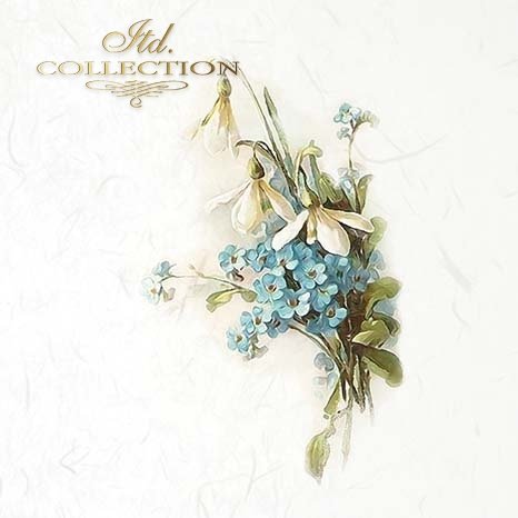 Floral arrangement with blue and green flowers on a white background