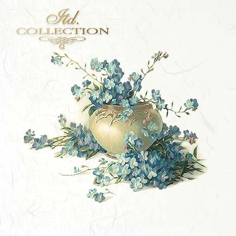 Decorative image with blue flowers and a gold vase on a white background