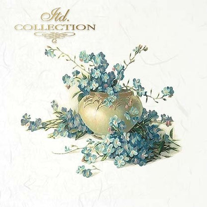 Decorative image with blue flowers and a gold vase on a white background