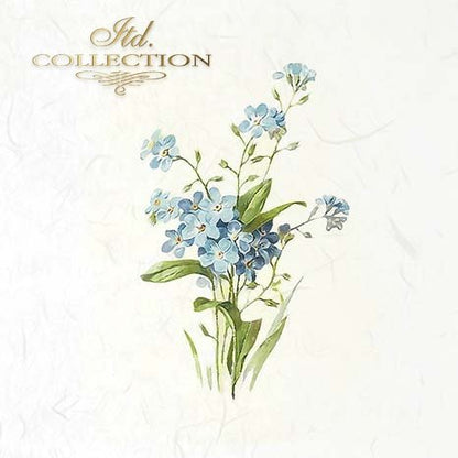 Illustration of blue flowers with green leaves on a white background