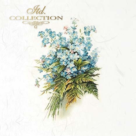 Bouquet of blue flowers with green leaves on a white background