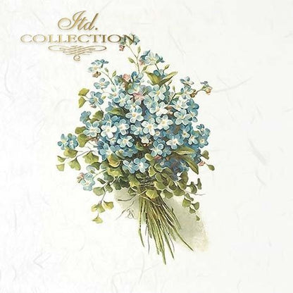 Bouquet of blue flowers with green leaves on a white background