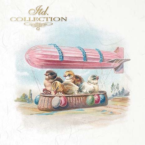 Vintage-style illustration of a pink dirigible with a basket containing three birds against a light blue sky.