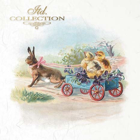 Vintage-style illustration of a rabbit pulling a cart with chicks
