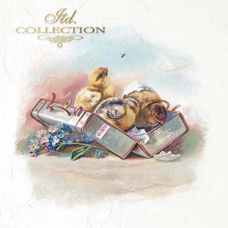 Vintage-style illustration of birds in a suitcase with flowers on a soft background