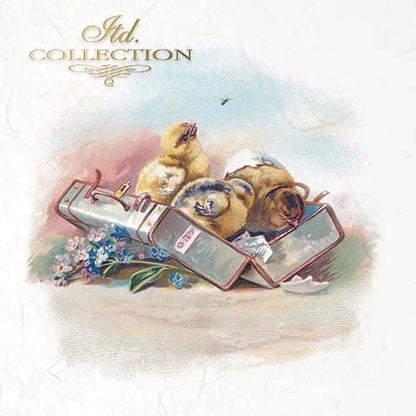 Vintage-style illustration of birds in a suitcase with flowers on a soft background