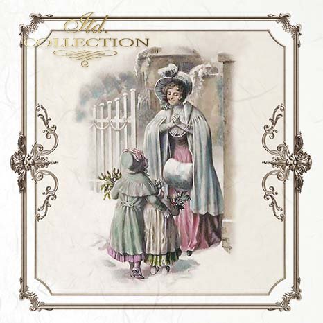 Vintage-style illustration of two people in formal attire with decorative frame 