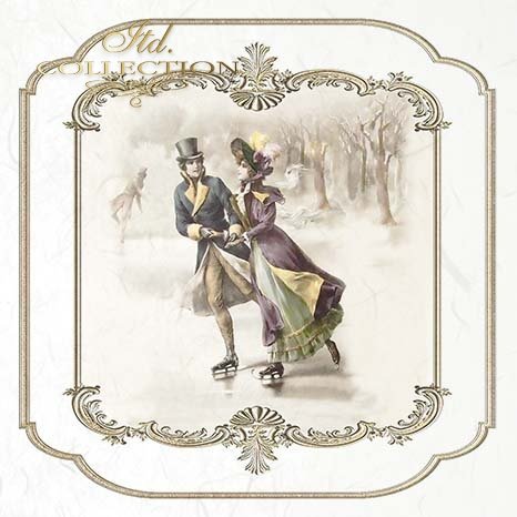 Vintage-style illustration of a couple in formal attire skating with decorative frame