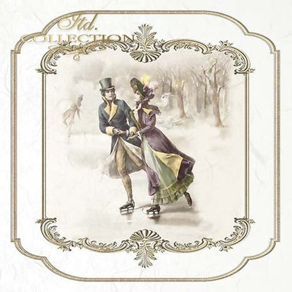 Vintage-style illustration of a couple in formal attire skating with decorative frame