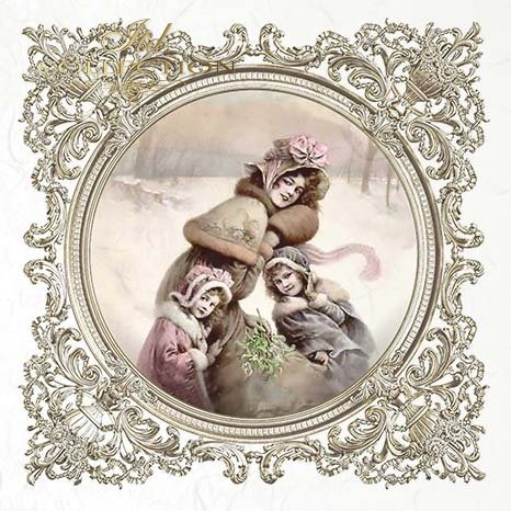 Vintage-style illustration of woman and children in winter clothing with an ornate frame.