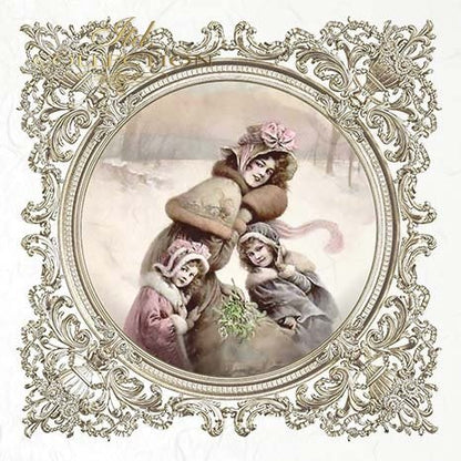 Vintage-style illustration of woman and children in winter clothing with an ornate frame.