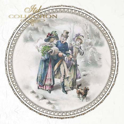 Decorative frame with a winter scene of three people and a dog, featuring ornate border
