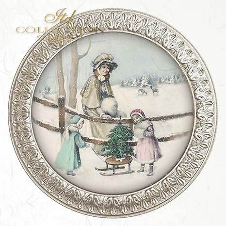 Decorative frame with a winter scene of people around a tree, framed by ornate detailing.