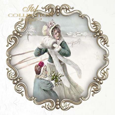 Vintage-style illustration of a woman in a decorative frame with ornate gold detailing.