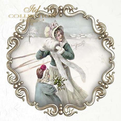 Vintage-style illustration of a woman in a decorative frame with ornate gold detailing.