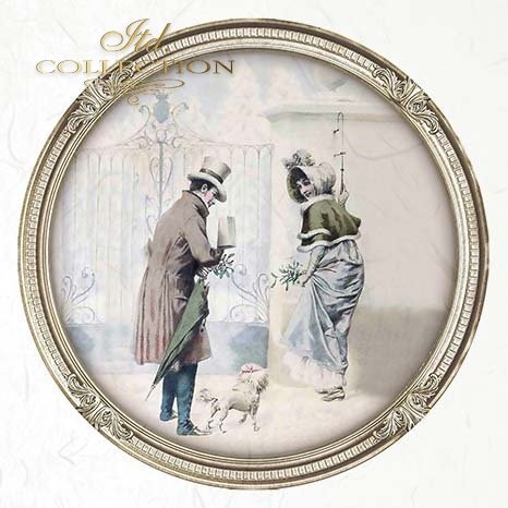Decorative frame with a vintage-style illustration of a couple and a dog, framed in gold.