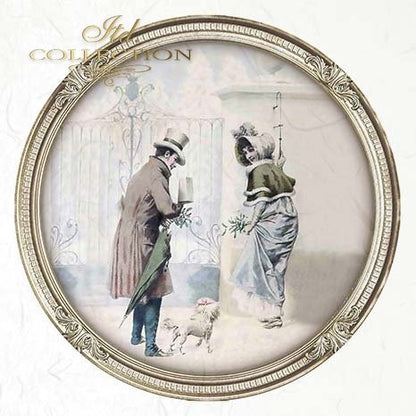 Decorative frame with a vintage-style illustration of a couple and a dog, framed in gold.
