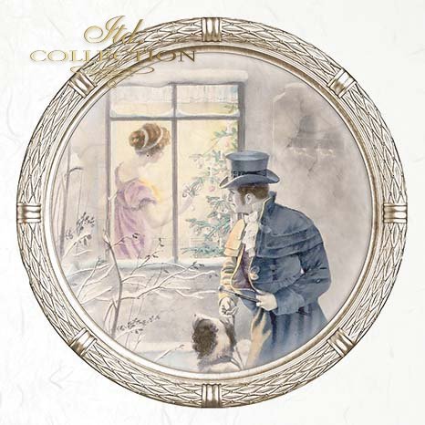 Decorative image with a romantic scene of a man and woman by a window, framed by an ornate border.