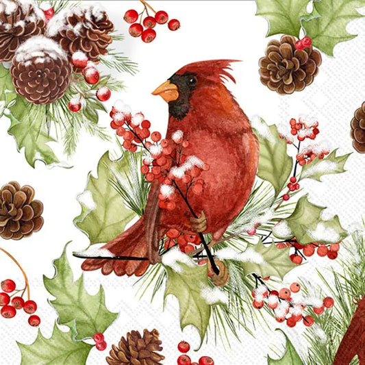 Decoupage Napkins 5" (2pcs)- Cardinals in Holly Christmas