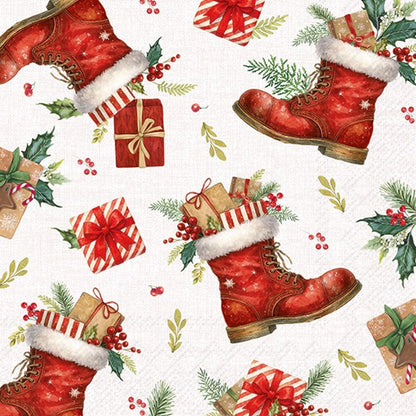 Decoupage Napkins, Lunch 6.5"  (2pcs)- Christmas Boots Allover