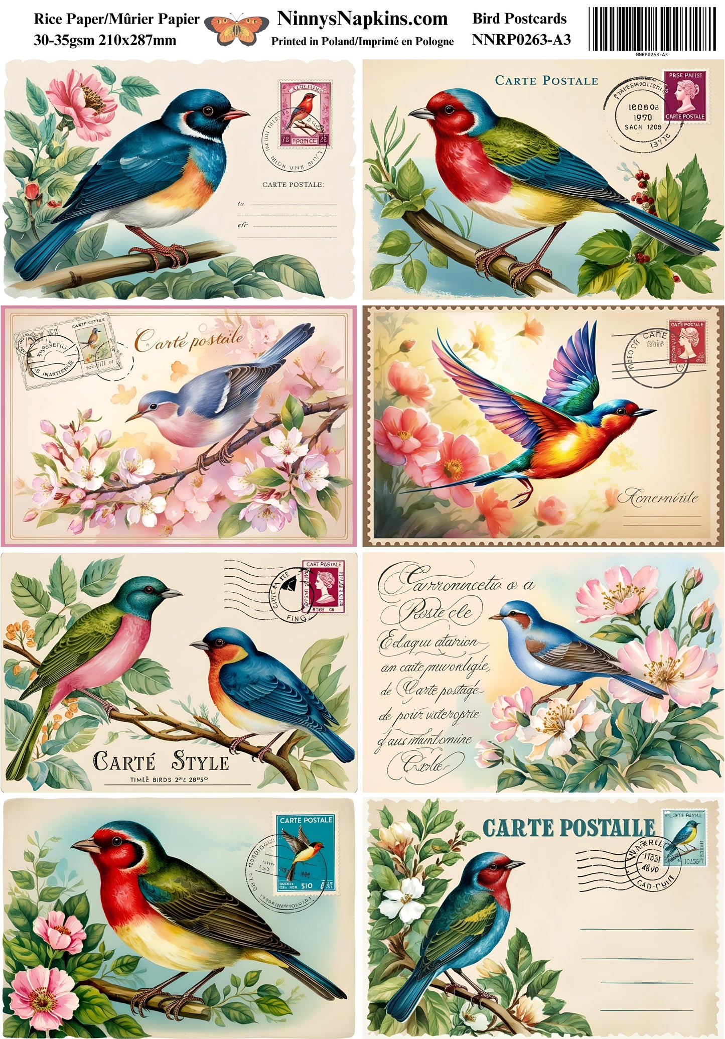 Decoupage Rice Paper - Bird Postcards