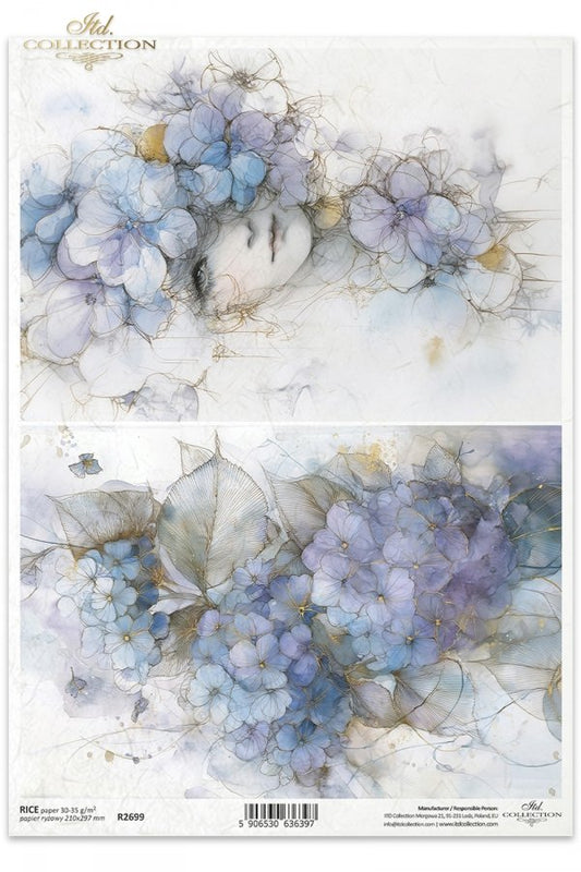 Decoupage Rice Paper - Blue HydrangeaA4