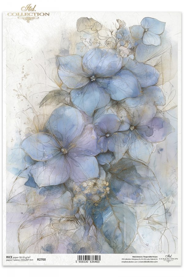 Decoupage Rice Paper - Blue HydrangeasA4